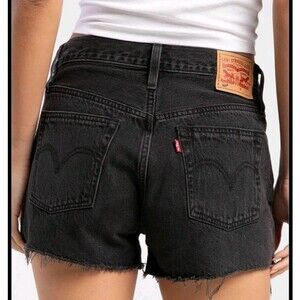 LEVI'S Womens 501 High Rise Button Fly Cut Off Distressed Black Denim Shorts W28